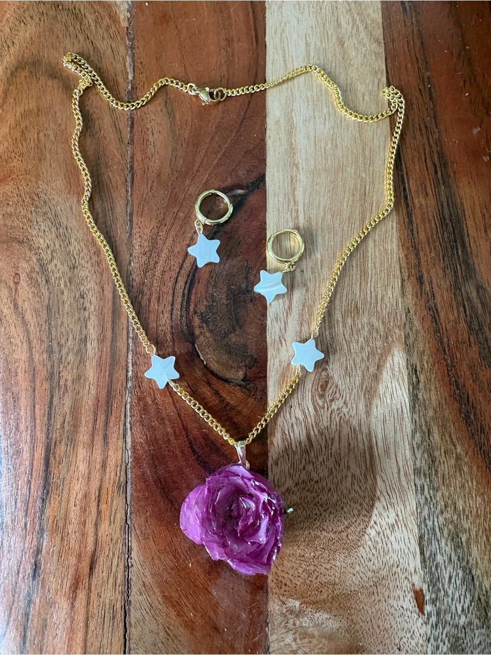 Children's Gold Star Necklace and Earring Set with Pink Rose Pendant